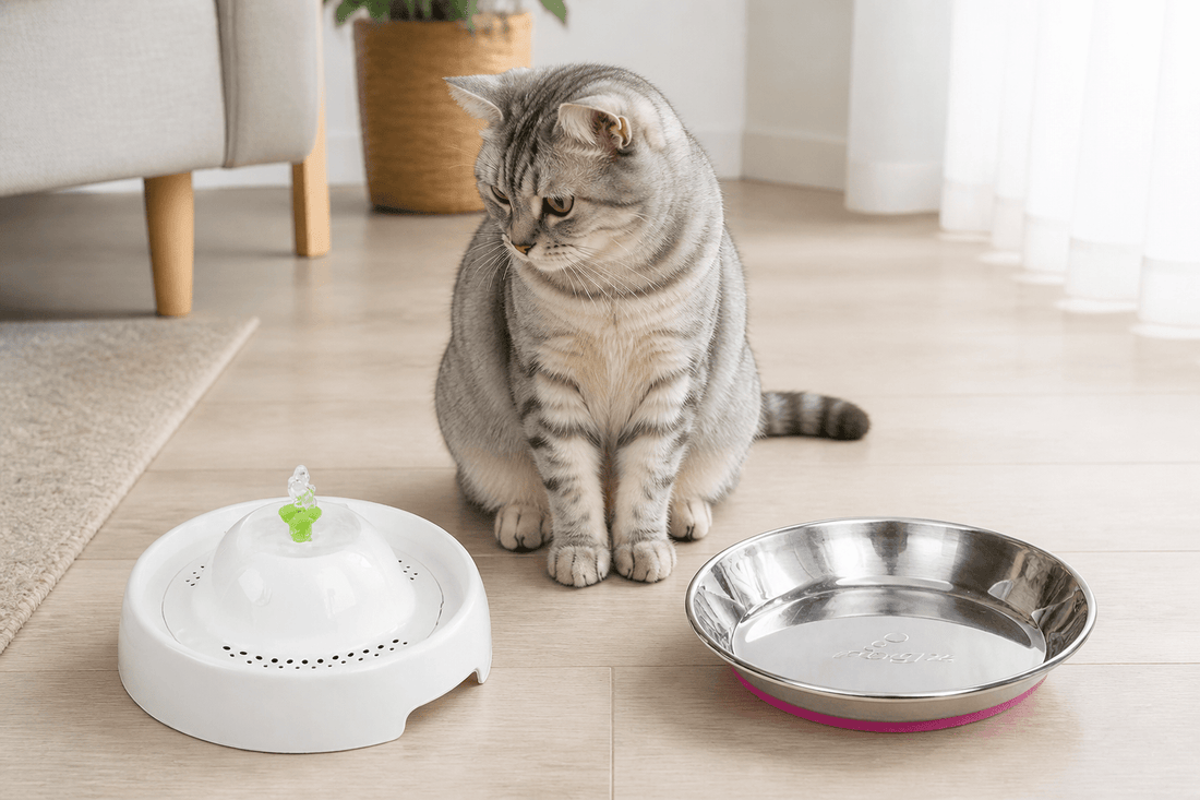 Cat choosing between the Pawise Pet Water Fountain 1.1L and Rogz Anchovy bowl
