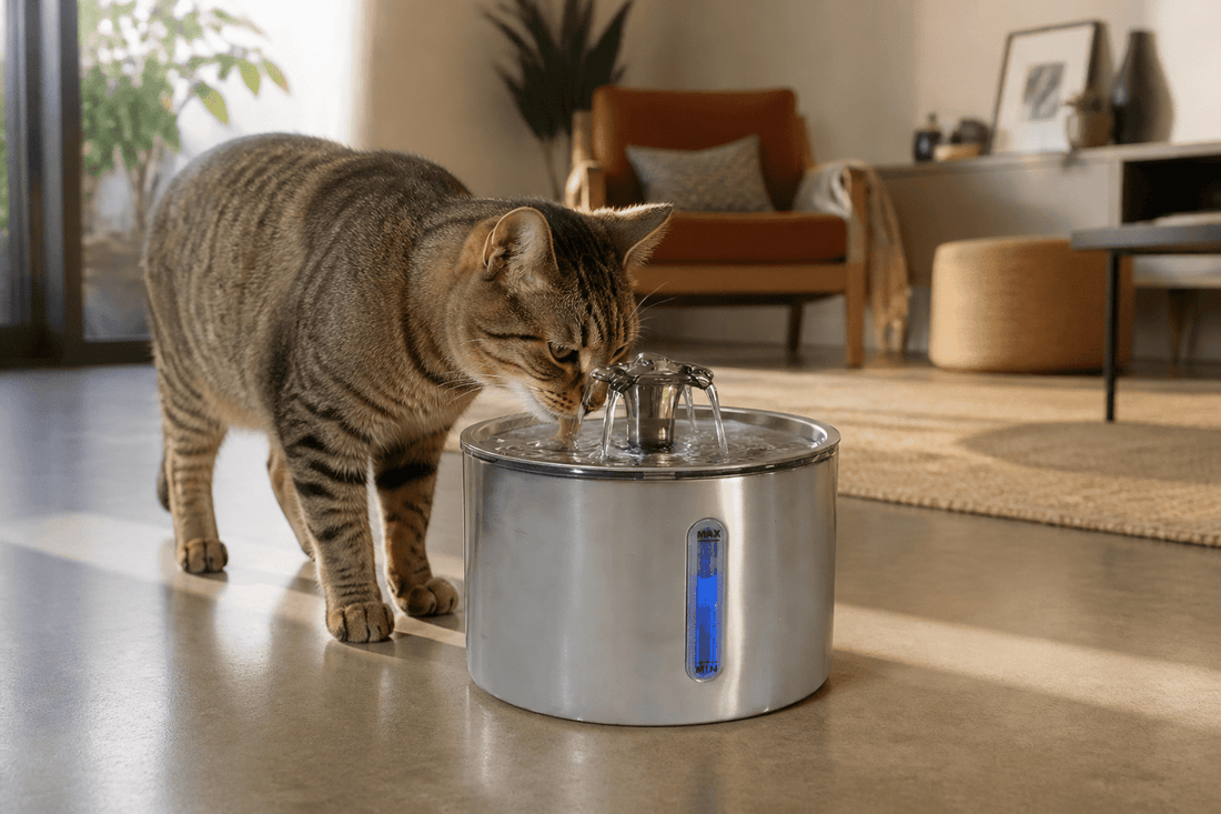 Tabby cat drinking from the Pet Water Fountain | Stainless Steel in an apartment