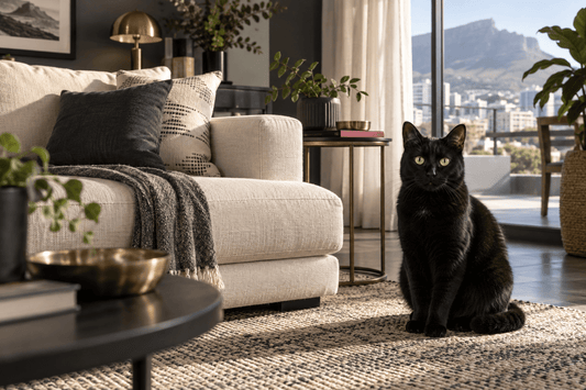 Black cat sitting beside an ivory sofa in a sunlit apartment.