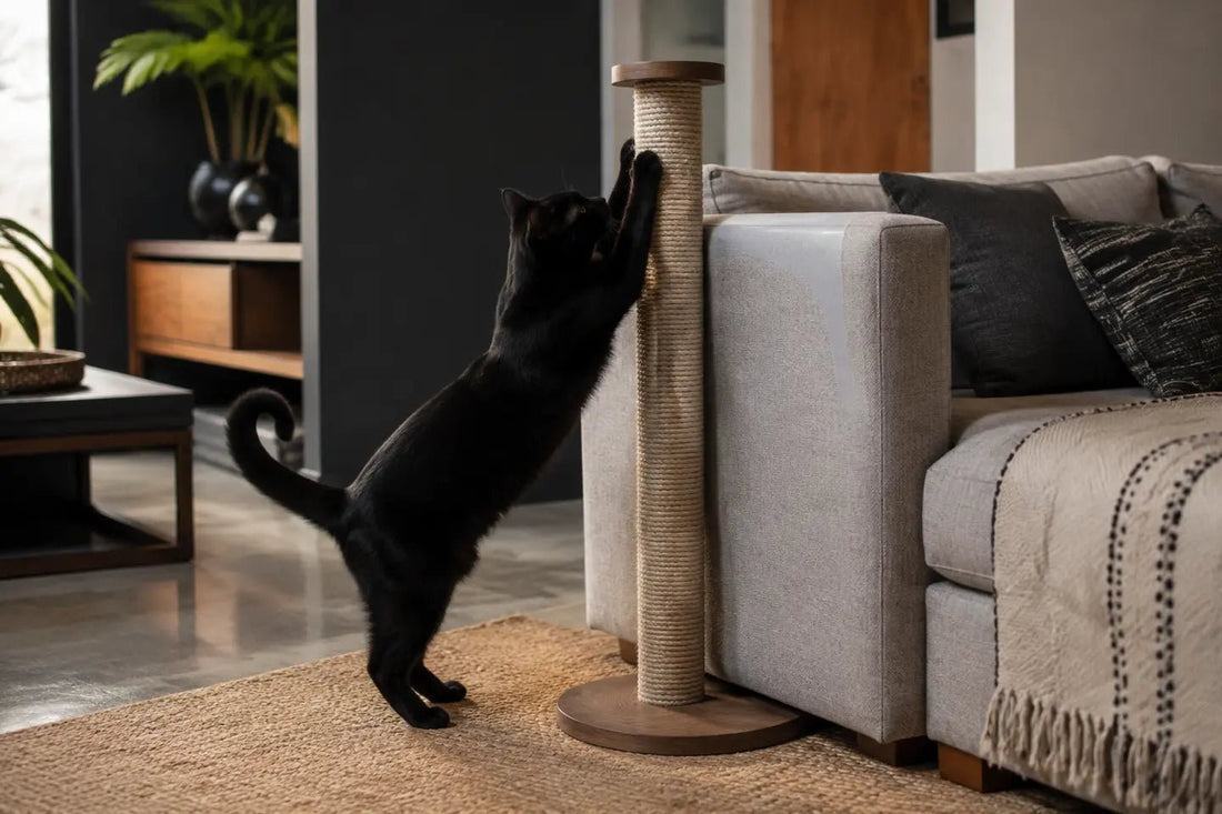 Black cat using a tall scratching post beside a sofa in a South African apartment
