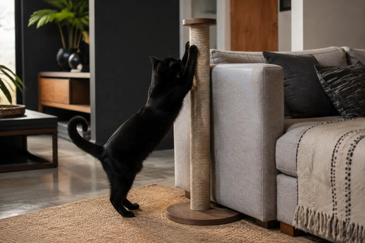 Black cat using a tall scratching post beside a sofa in a South African apartment