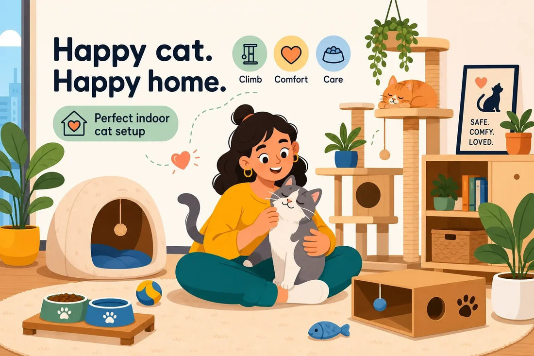 Indoor cat setup in a flat with cat tree, bed, bowls, scratcher and toys
