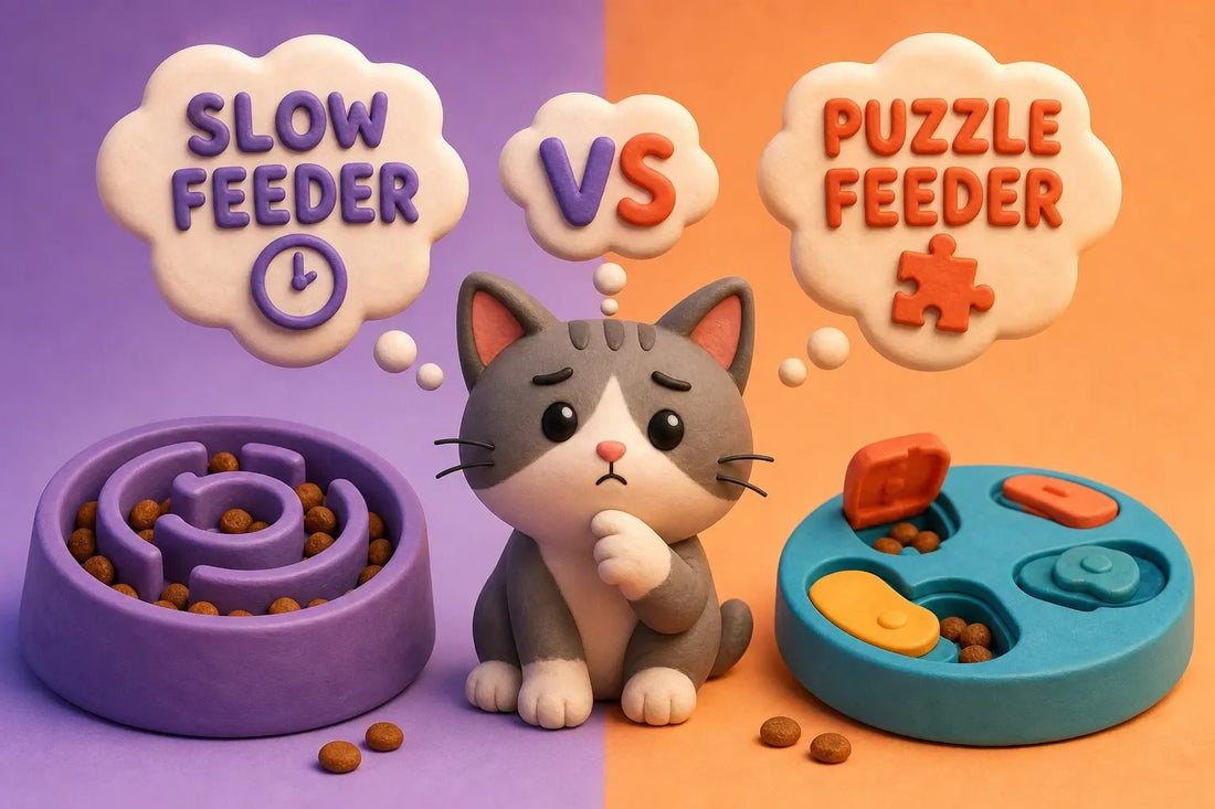 Illustration comparing a slow feeder bowl and puzzle feeder for cats