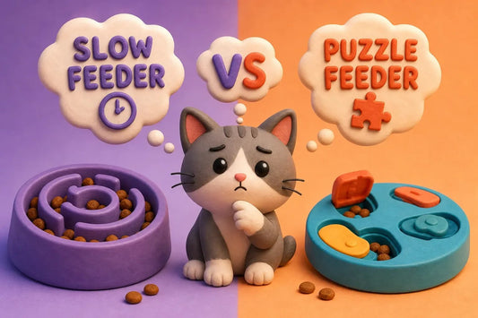 Illustration comparing a slow feeder bowl and puzzle feeder for cats