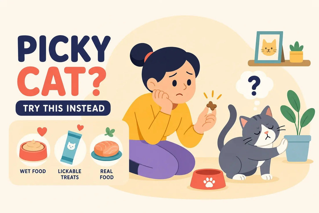 Picky cat refusing a treat with wet, lickable and real-food alternatives