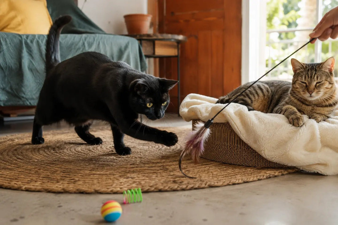 Black cat playing with a feather wand while an older tabby rests on a fleece-covered cardboard scratcher