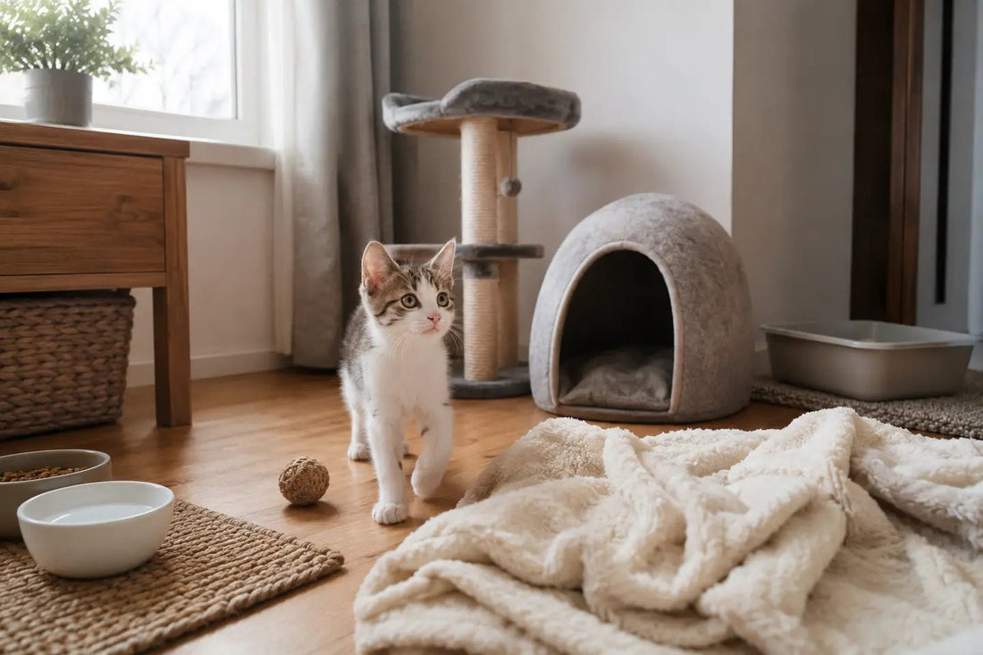 Kitten in an apartment with a blanket, hideaway bed, scratcher and litter tray
