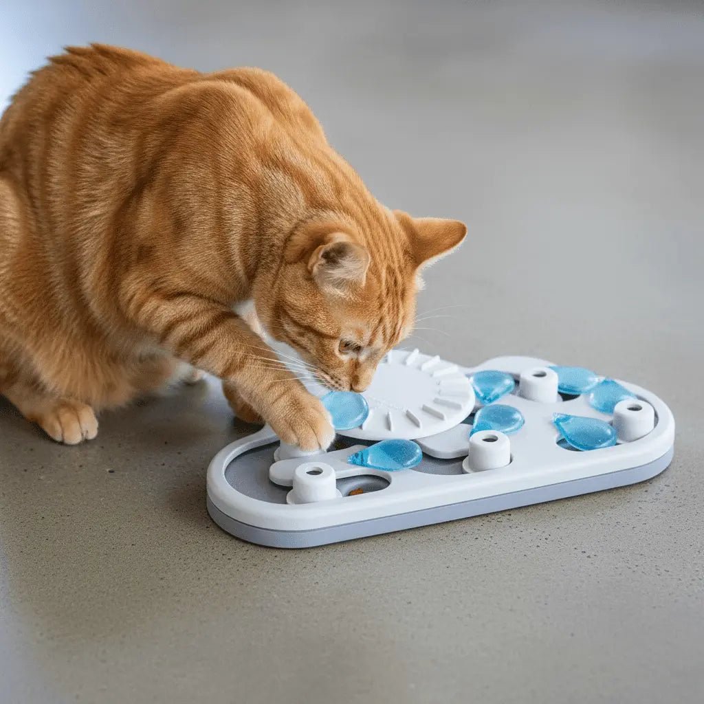 Ginger cat using a multi-action puzzle feeder
