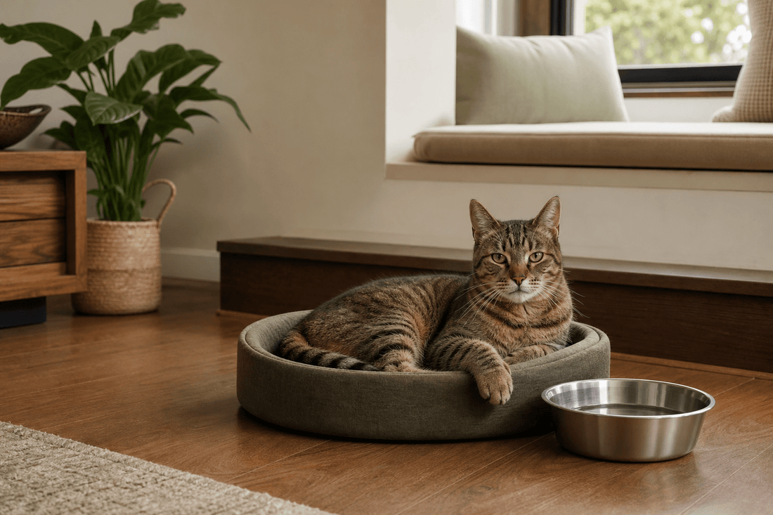 Older tabby cat resting beside an accessible water bowl and low step in a modern apartment