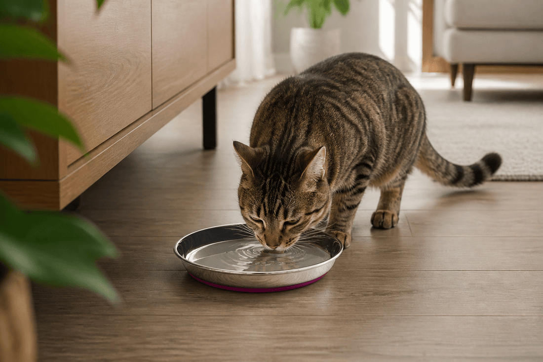 Tabby cat drinking from a Rogz Anchovy stainless-steel bowl in a quiet apartment spot