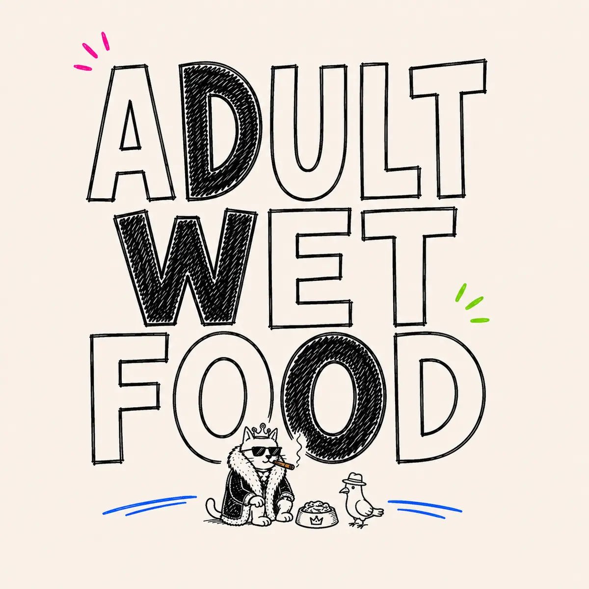 Hand-drawn Adult Wet Food category card with Tony