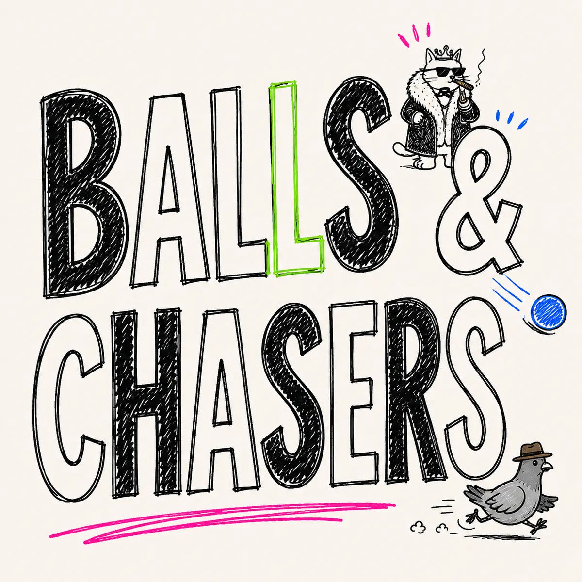 Hand-drawn Balls & Chasers category card for The Apartment Cat
