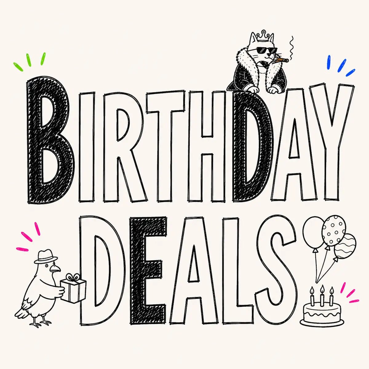 Hand-drawn Birthday Deals category card for The Apartment Cat