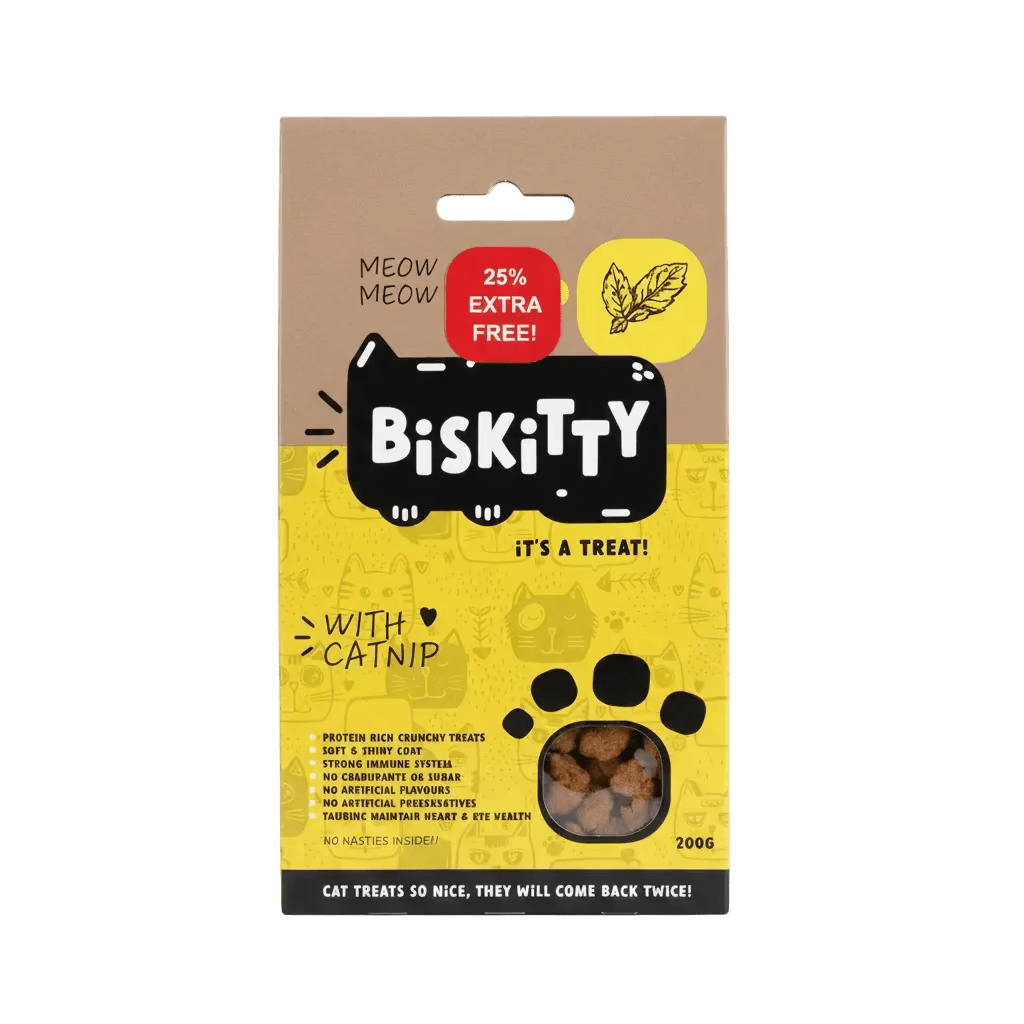 Cat treats package front in yellow with 25% extra free badge, catnip, 200g