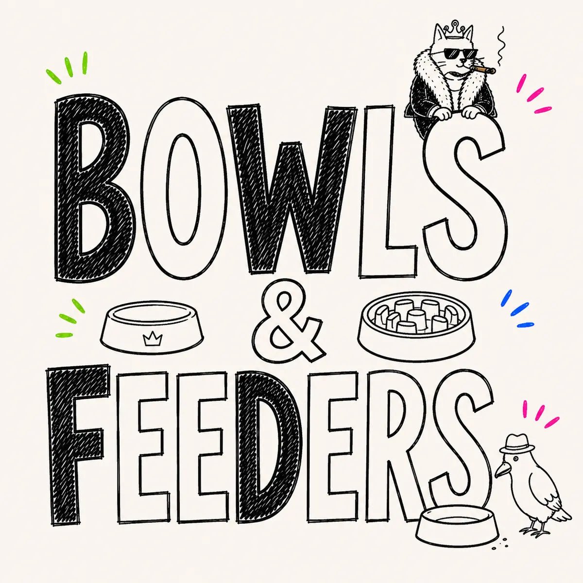 Hand-drawn Bowls & Feeders category card for The Apartment Cat