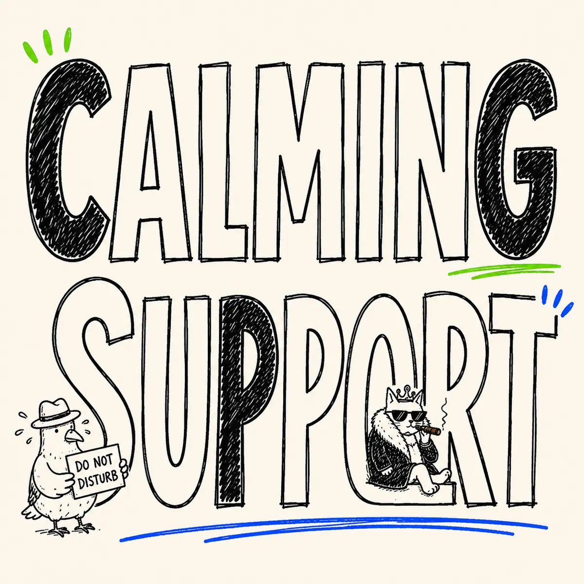 Hand-drawn Calming Support category card for The Apartment Cat