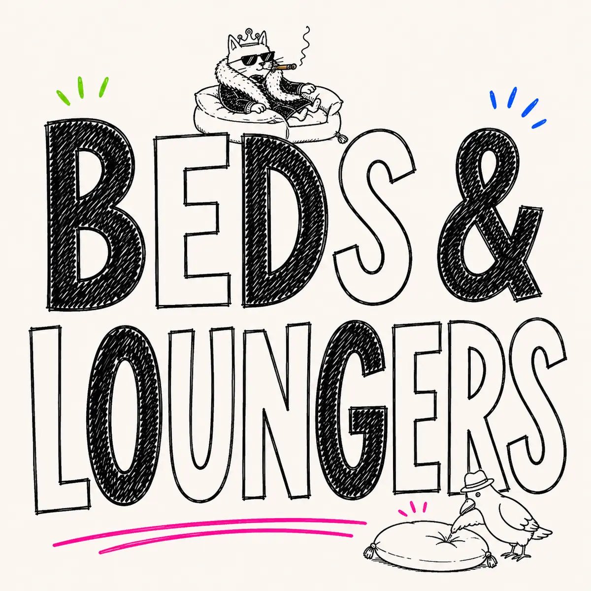 Hand-drawn Beds & Loungers category card for The Apartment Cat