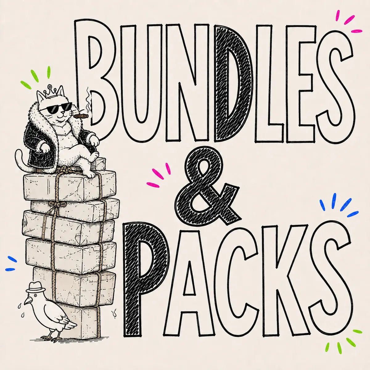 Hand-drawn Bundles & Packs category card for The Apartment Cat