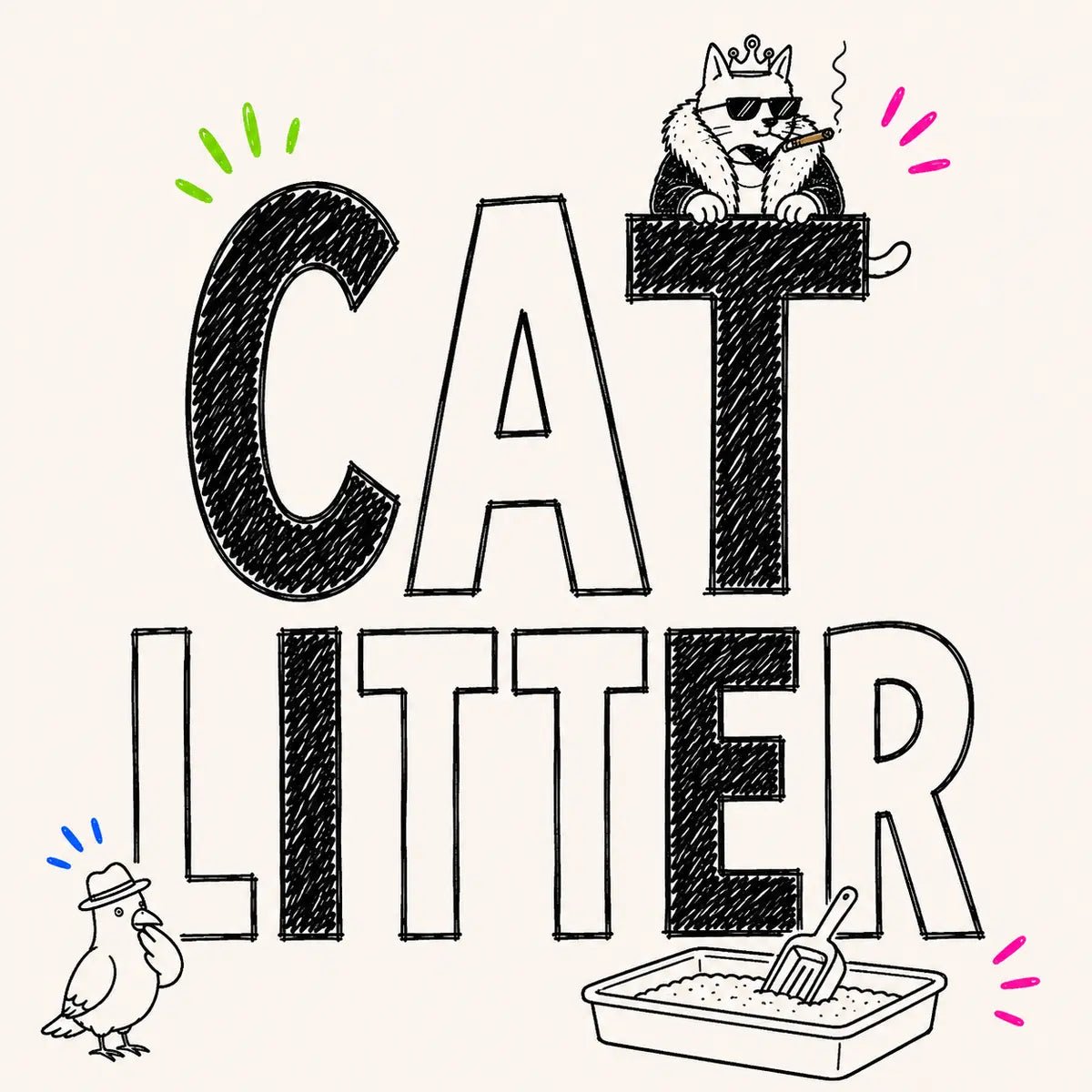 Hand-drawn Cat Litter category card for The Apartment Cat