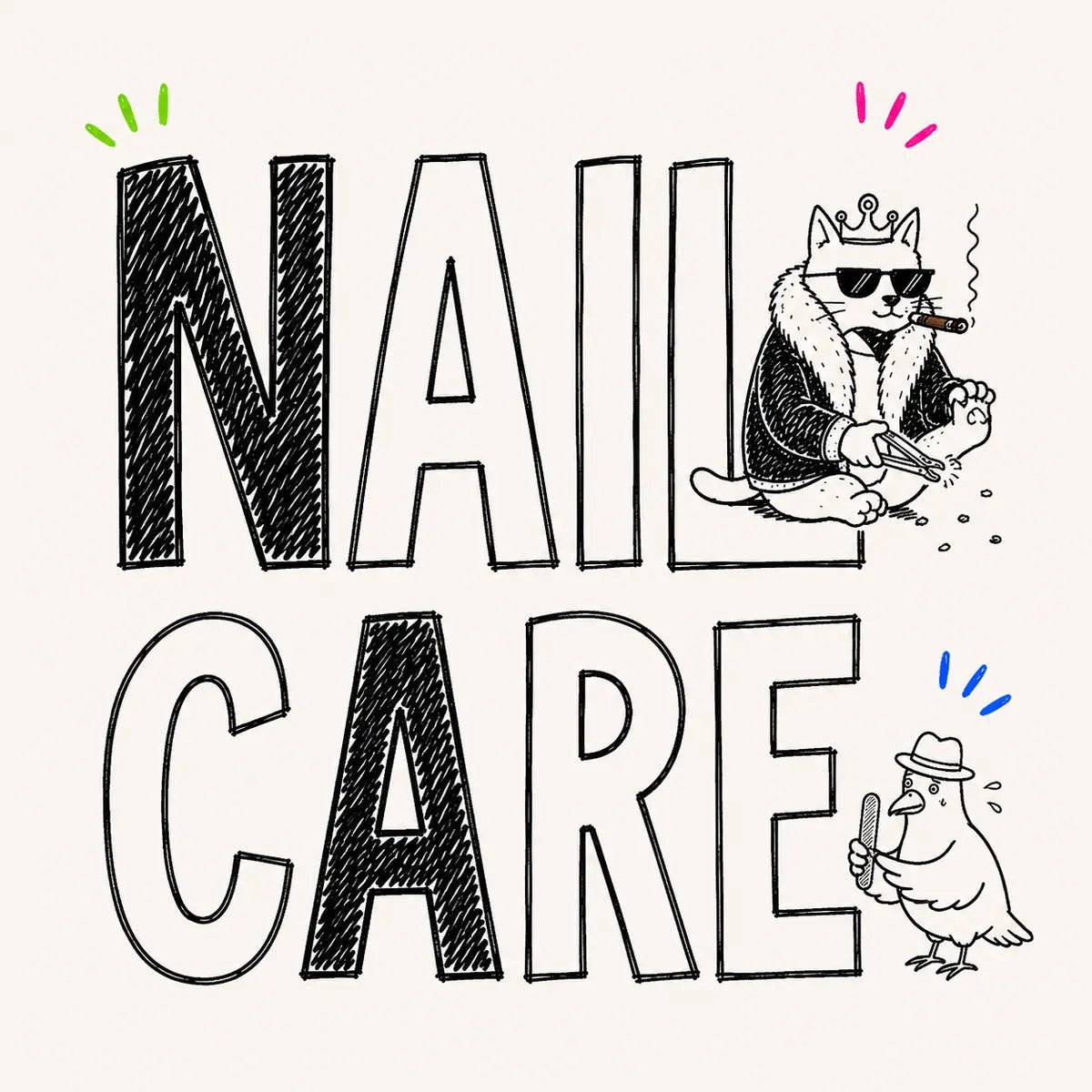 Hand-drawn Nail Care category card for The Apartment Cat