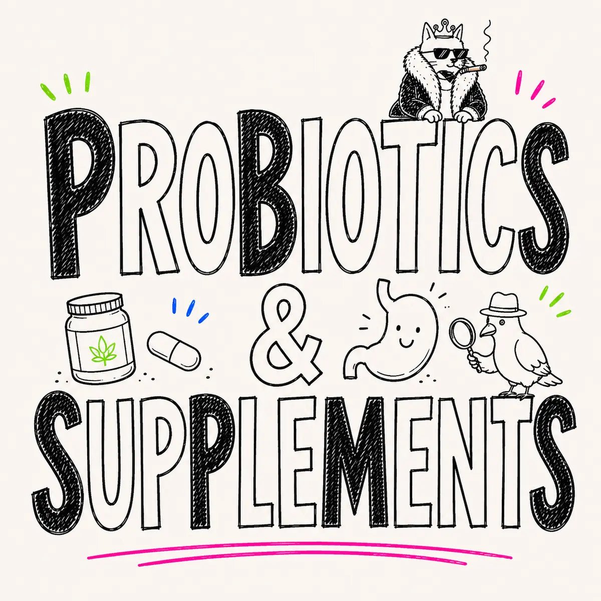 Hand-drawn Probiotics & Supplements category card for The Apartment Cat
