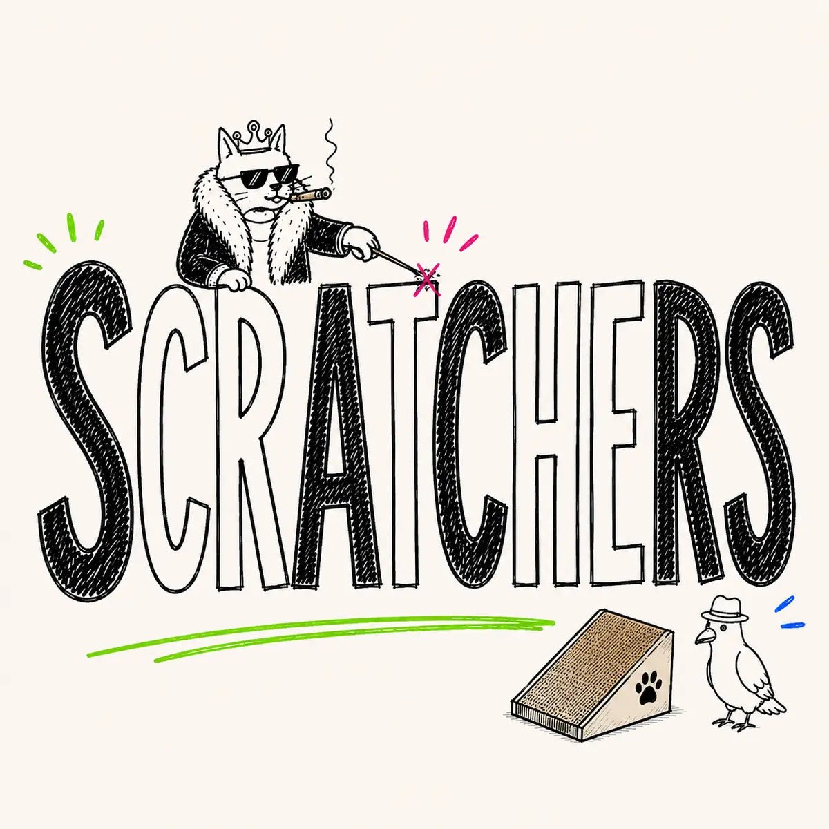 Hand-drawn Scratchers category card for The Apartment Cat