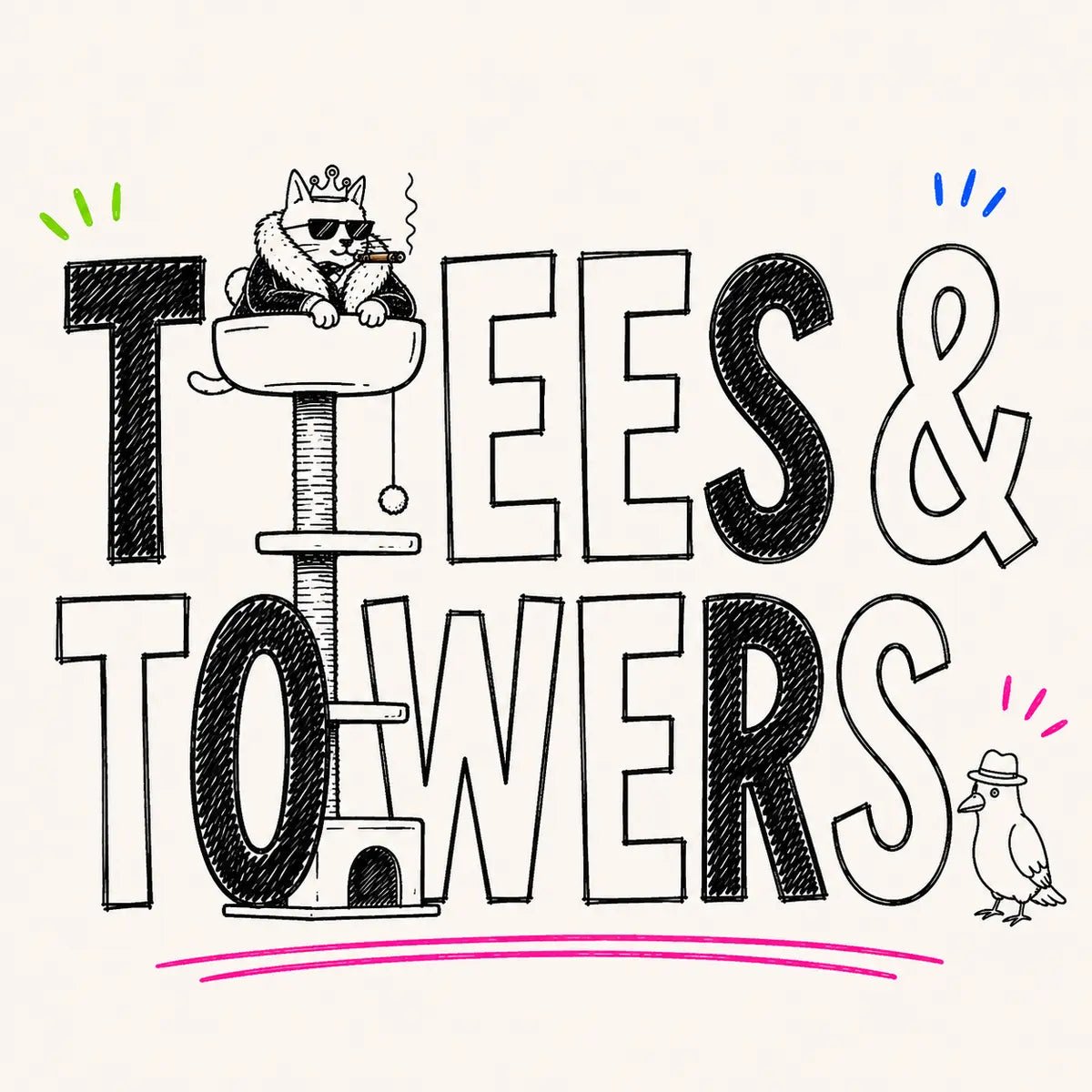 Hand-drawn Trees & Towers category card for The Apartment Cat