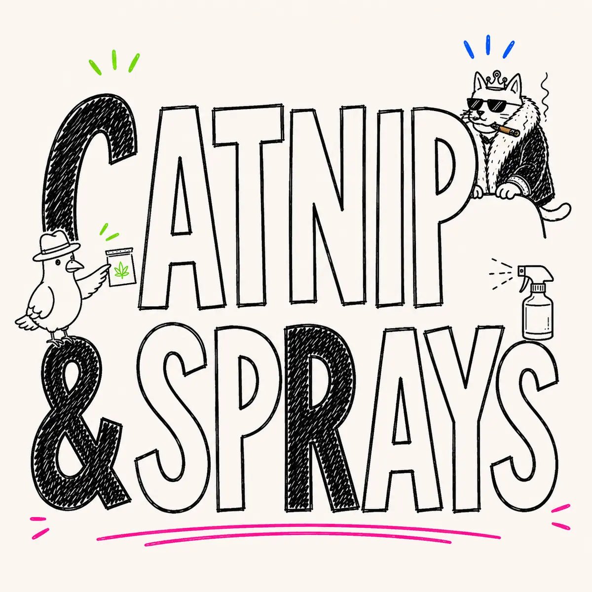 Hand-drawn Catnip & Sprays category card for The Apartment Cat