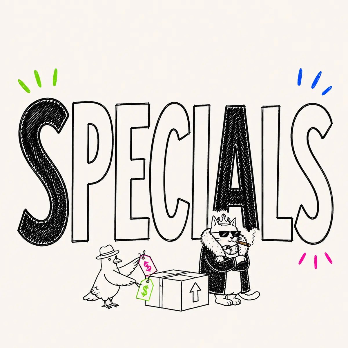 Hand-drawn Specials category card for The Apartment Cat