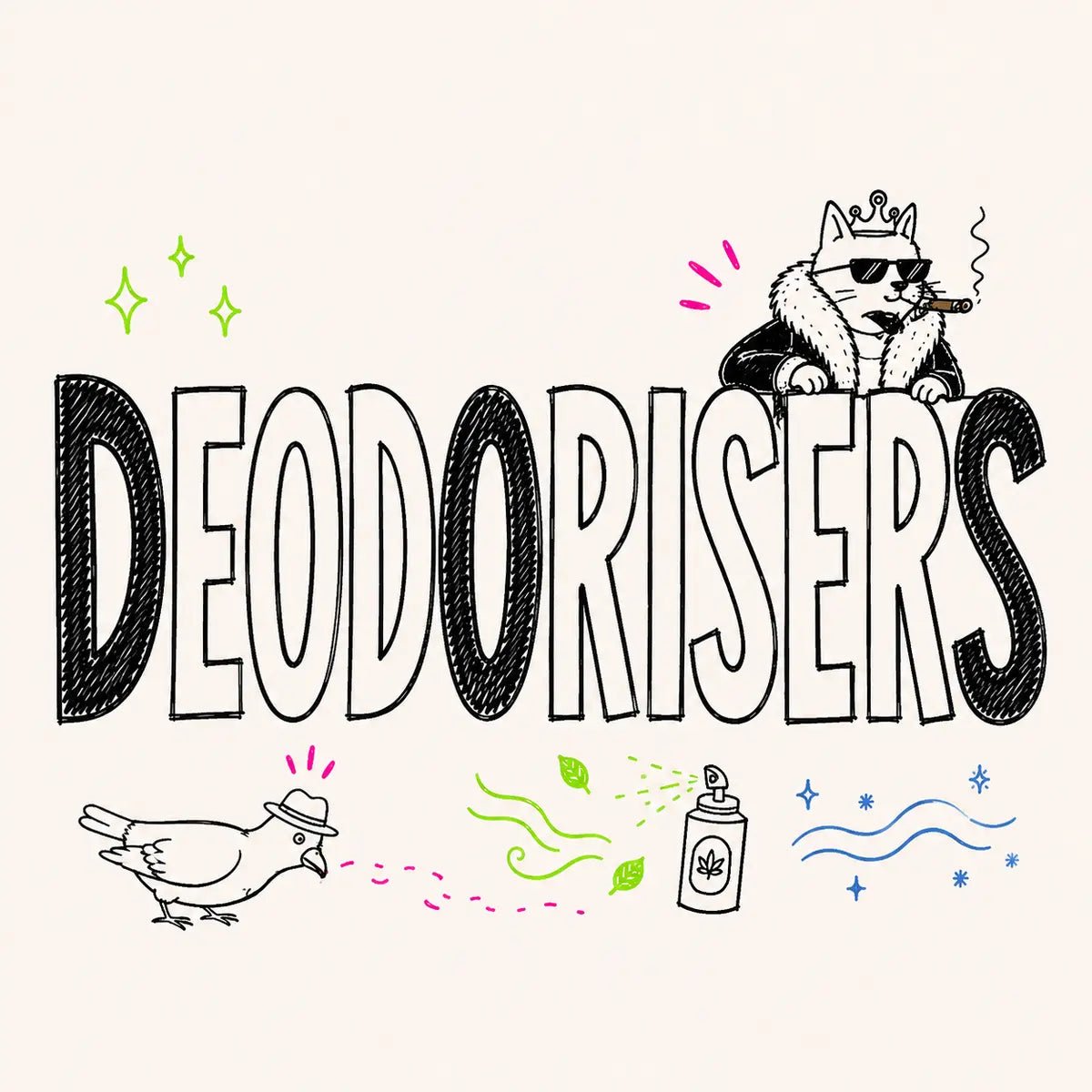 Hand-drawn Deodorisers category card for The Apartment Cat