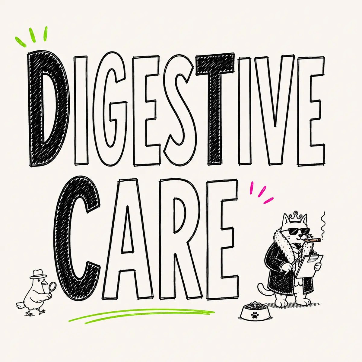 Hand-drawn Digestive Care wet food category card with Tony