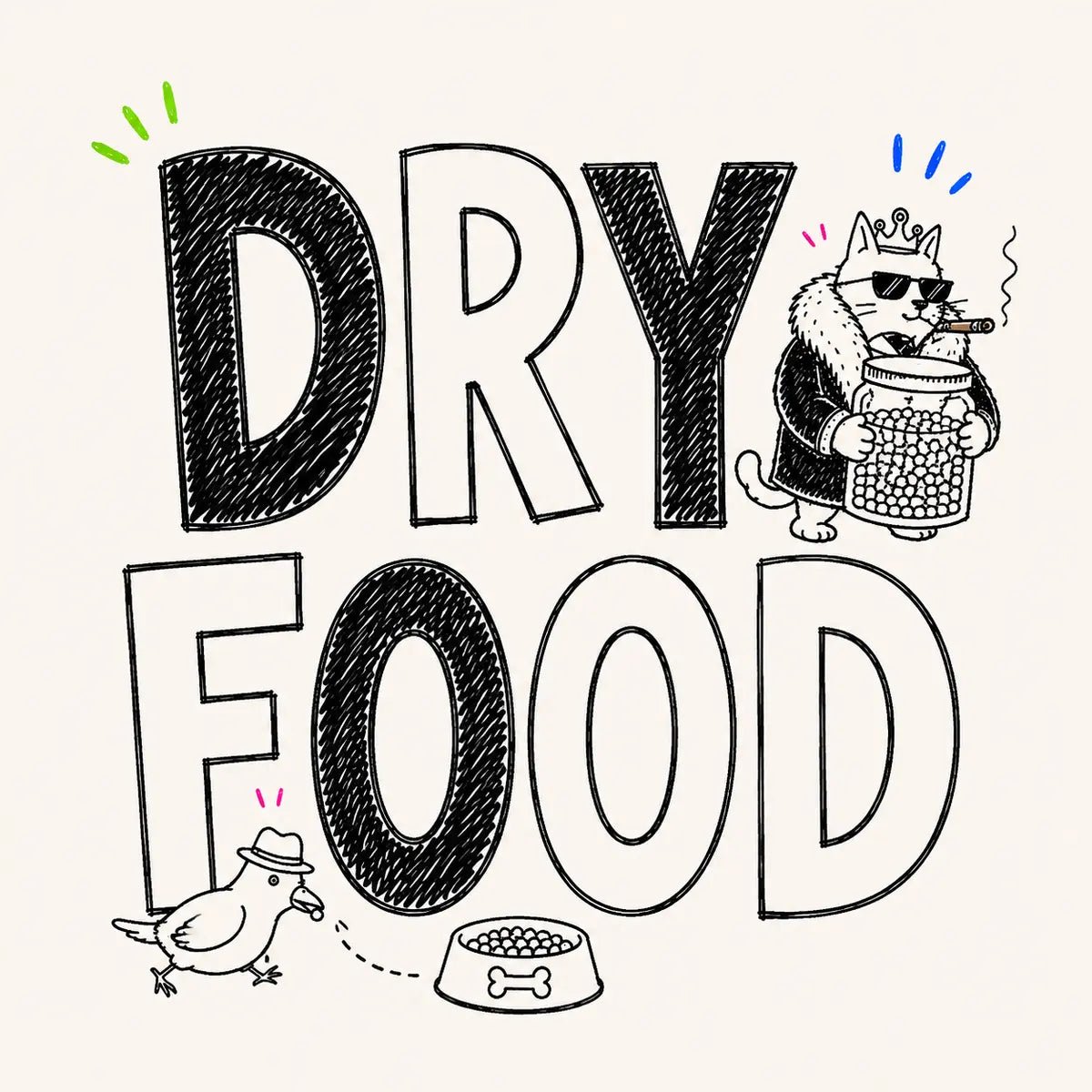 Hand-drawn Dry Food category card for The Apartment Cat