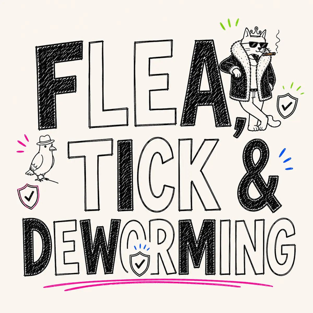 Hand-drawn Flea, Tick & Deworming category card for The Apartment Cat