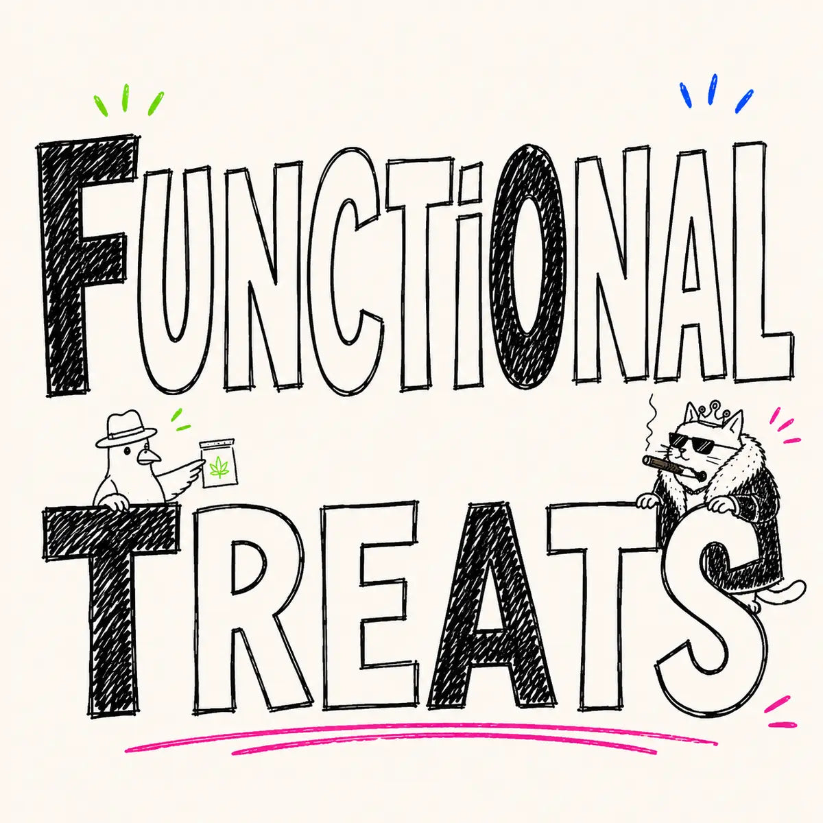 Hand-drawn Functional Treats category card for The Apartment Cat