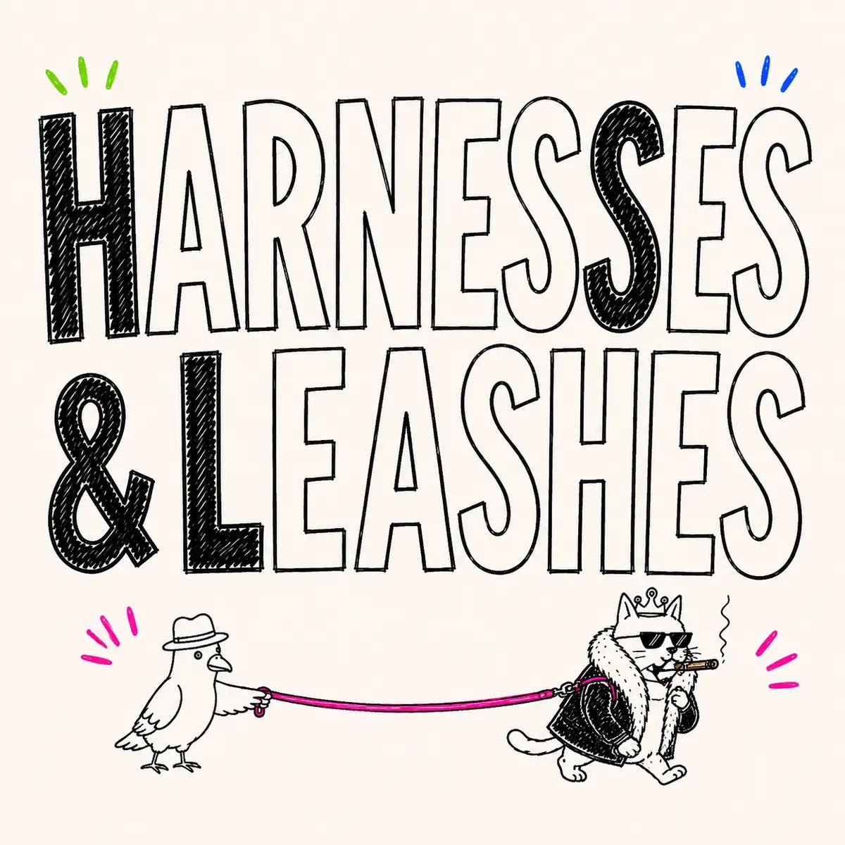 Hand-drawn Harnesses & Leashes category card for The Apartment Cat