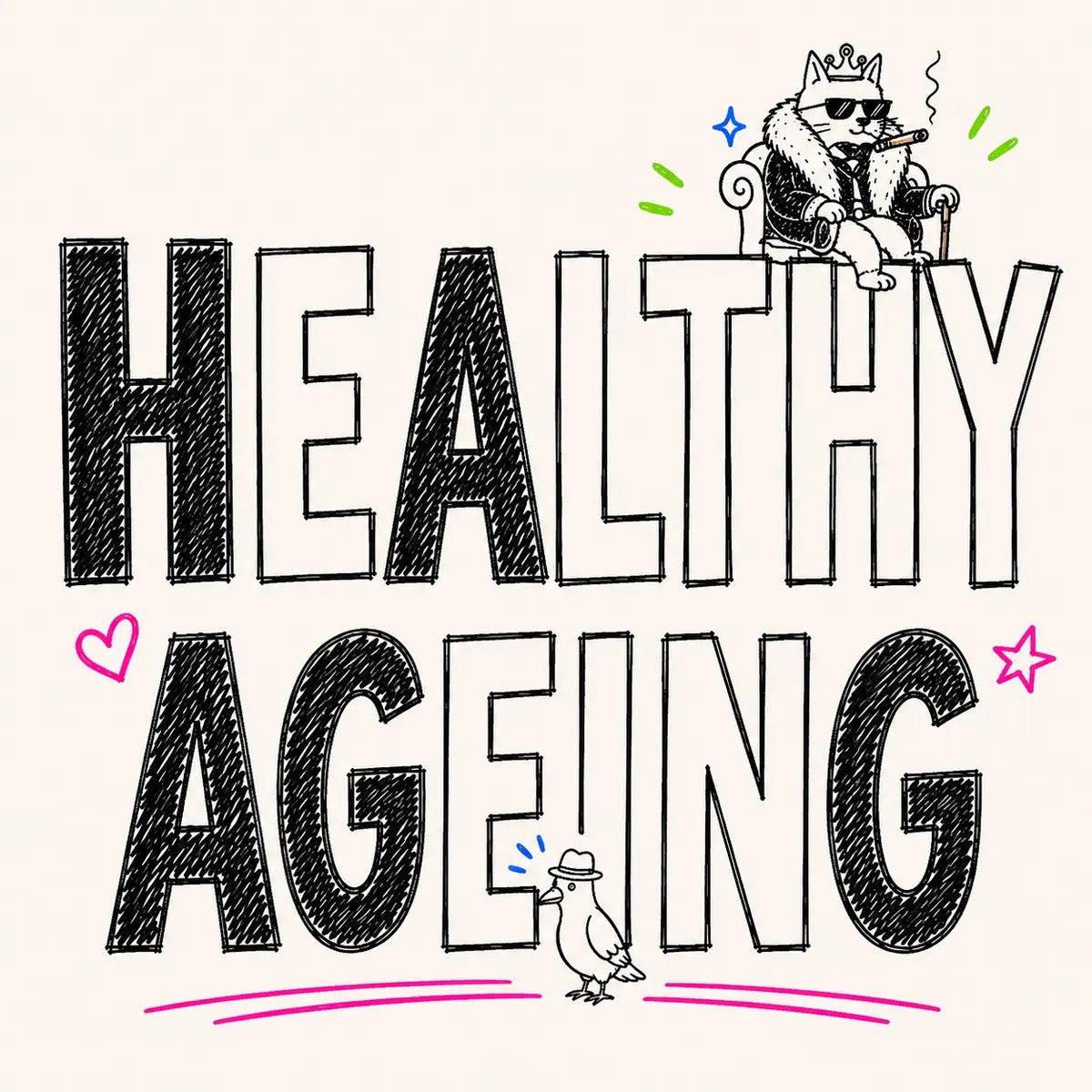 Hand-drawn Healthy Ageing category card for The Apartment Cat