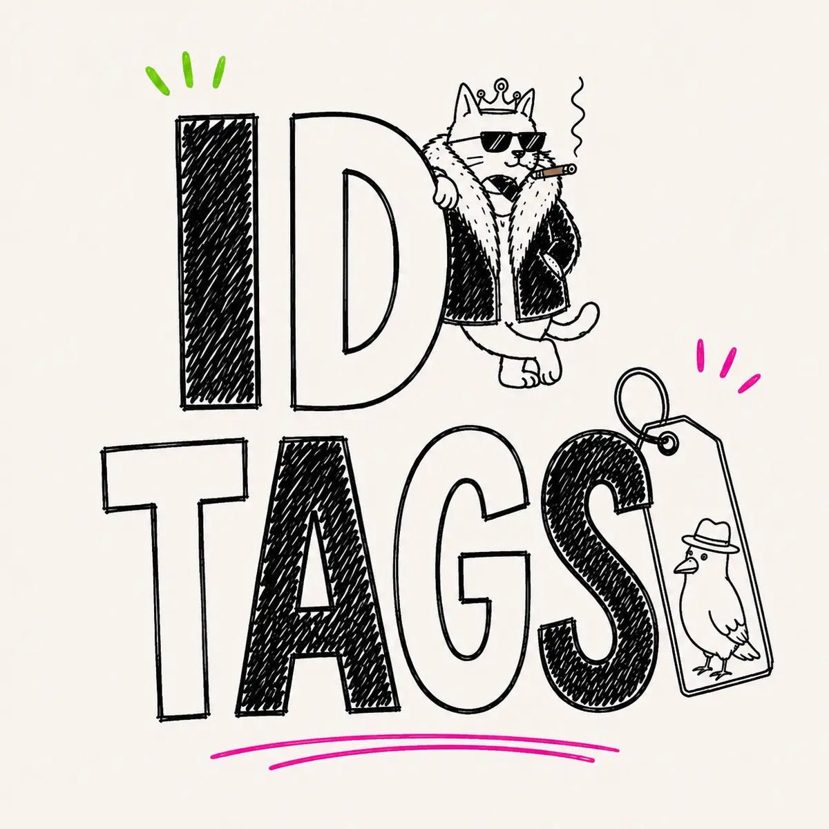 Hand-drawn ID Tags category card for The Apartment Cat