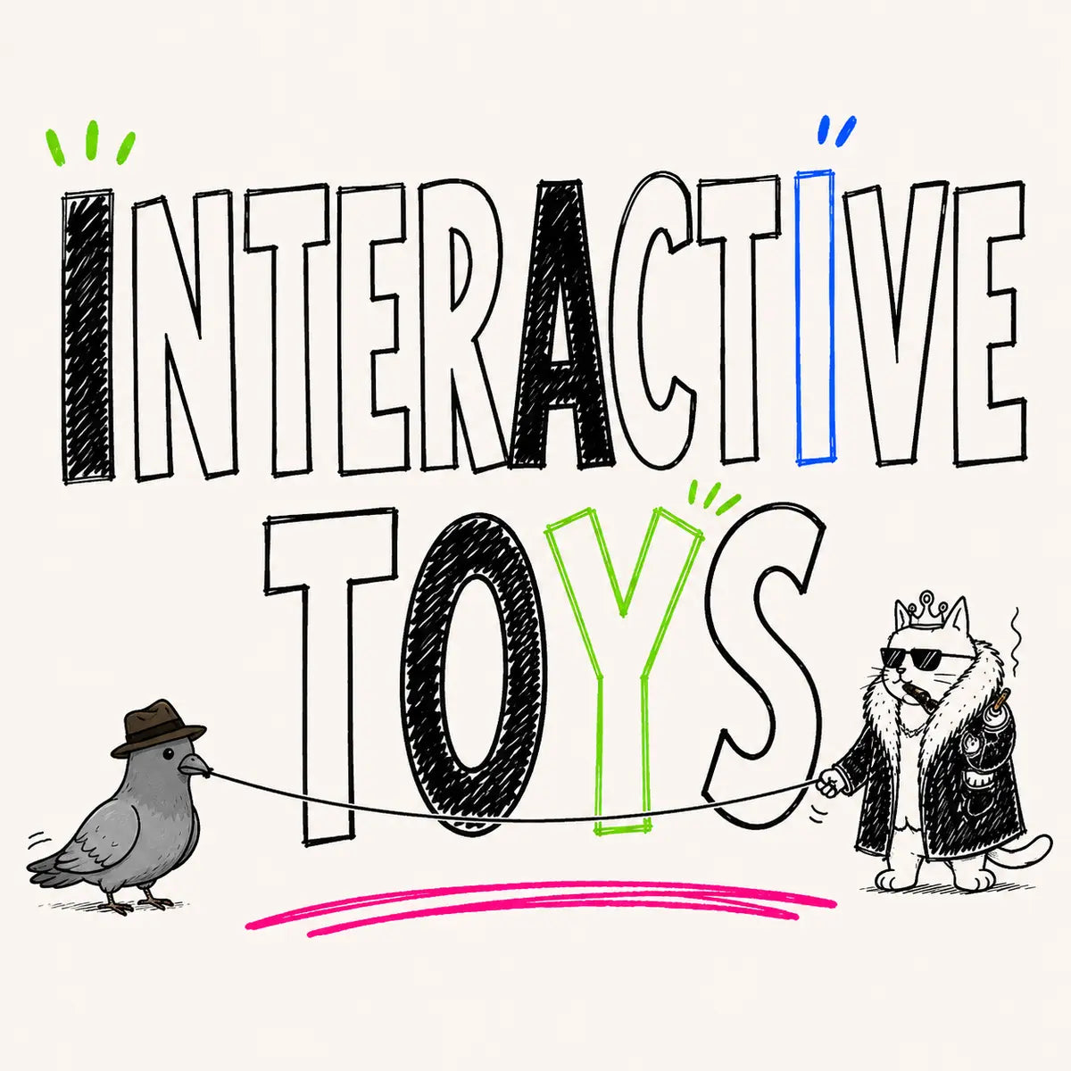 Hand-drawn Interactive Toys category card for The Apartment Cat