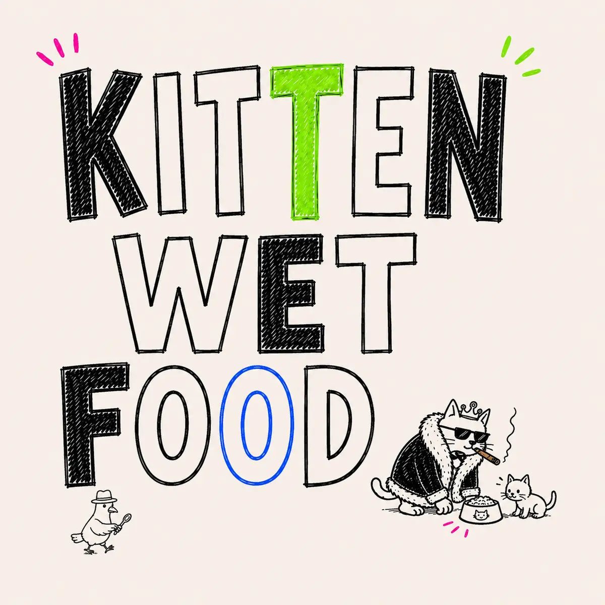 Hand-drawn Kitten Wet Food category card with Tony