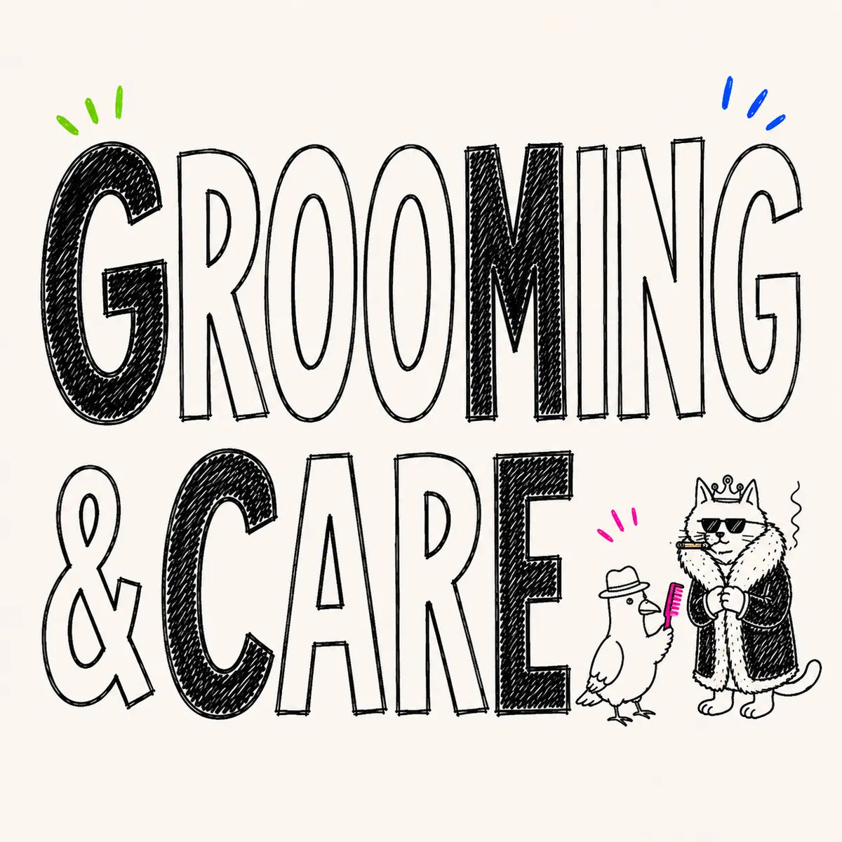 Hand-drawn Grooming & Care category card for The Apartment Cat