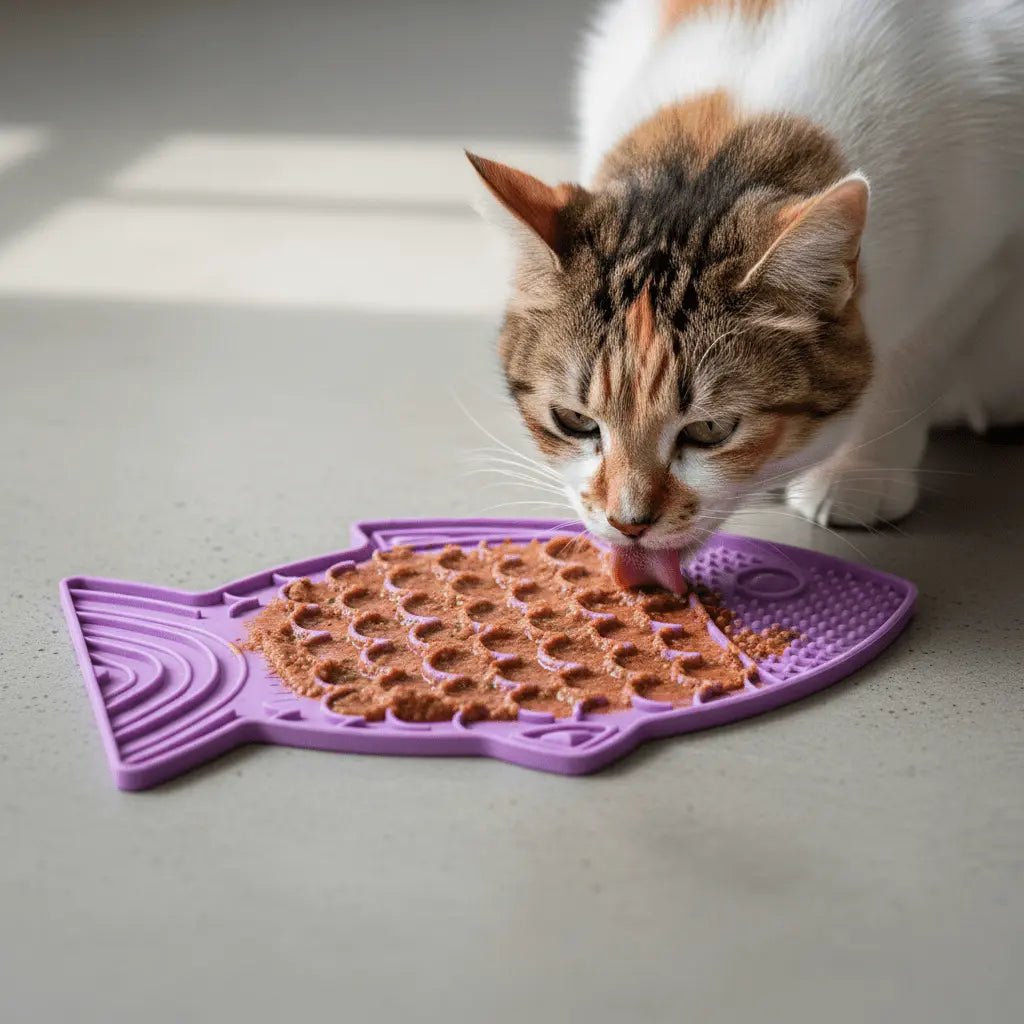 Tabby cat licking from purple fish-shaped slow feeder with textured nubs