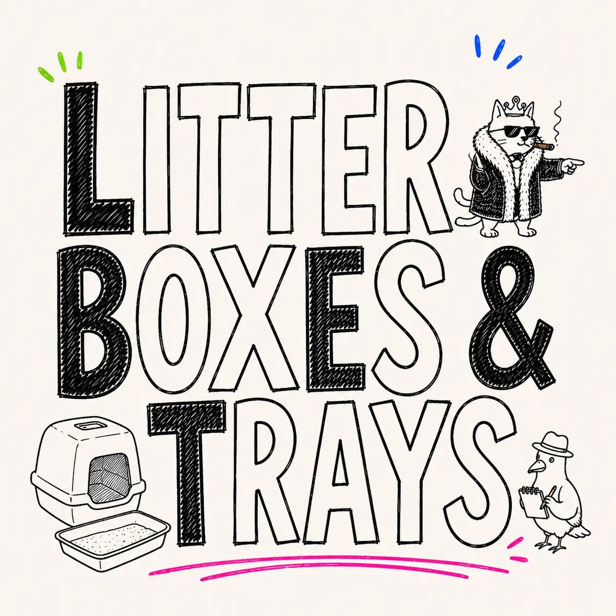 Hand-drawn Litter Boxes & Trays category card for The Apartment Cat