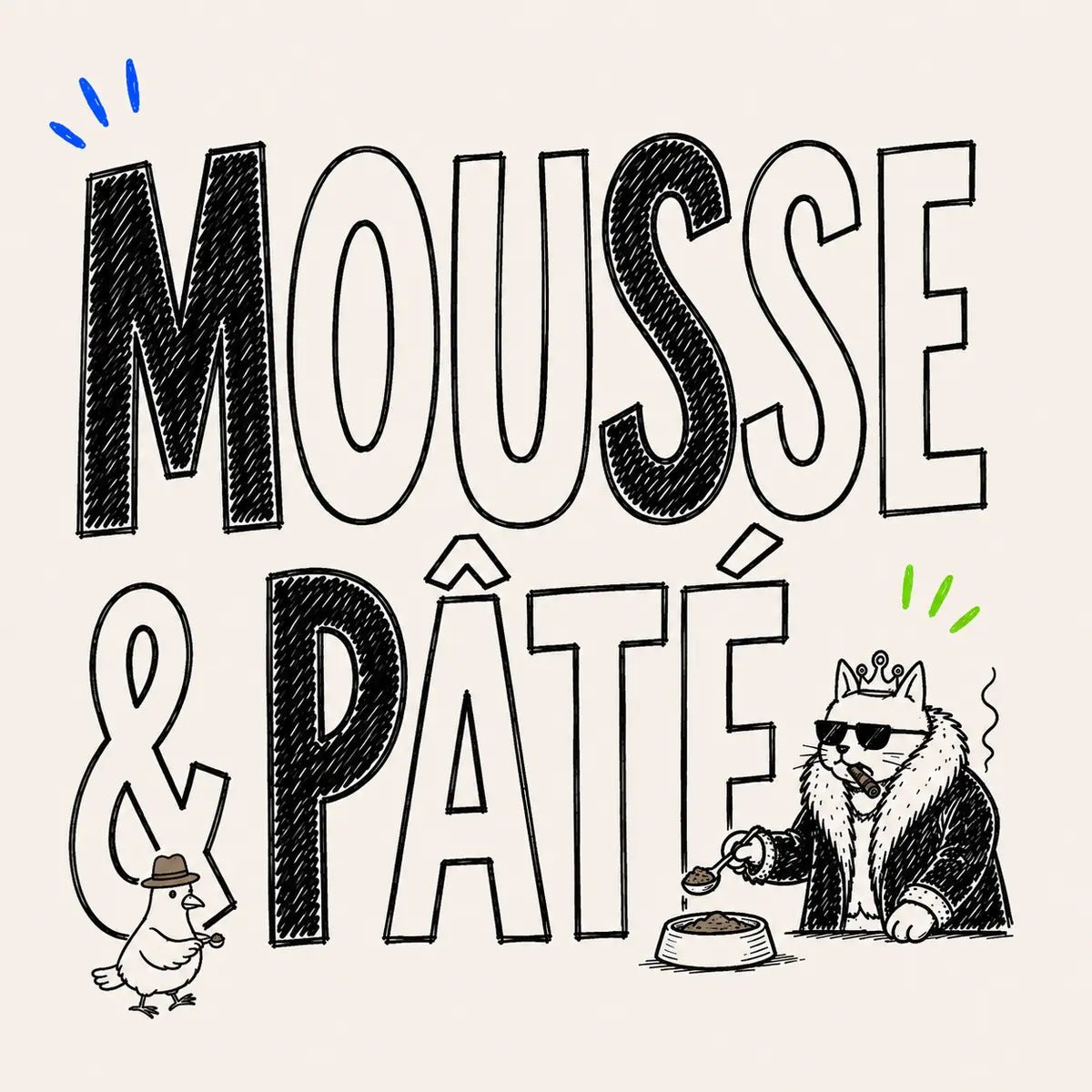 Hand-drawn Mousse and Pâté wet food category card with Tony