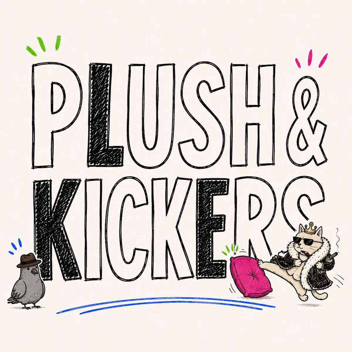 Hand-drawn Plush & Kicker Toys category card for The Apartment Cat