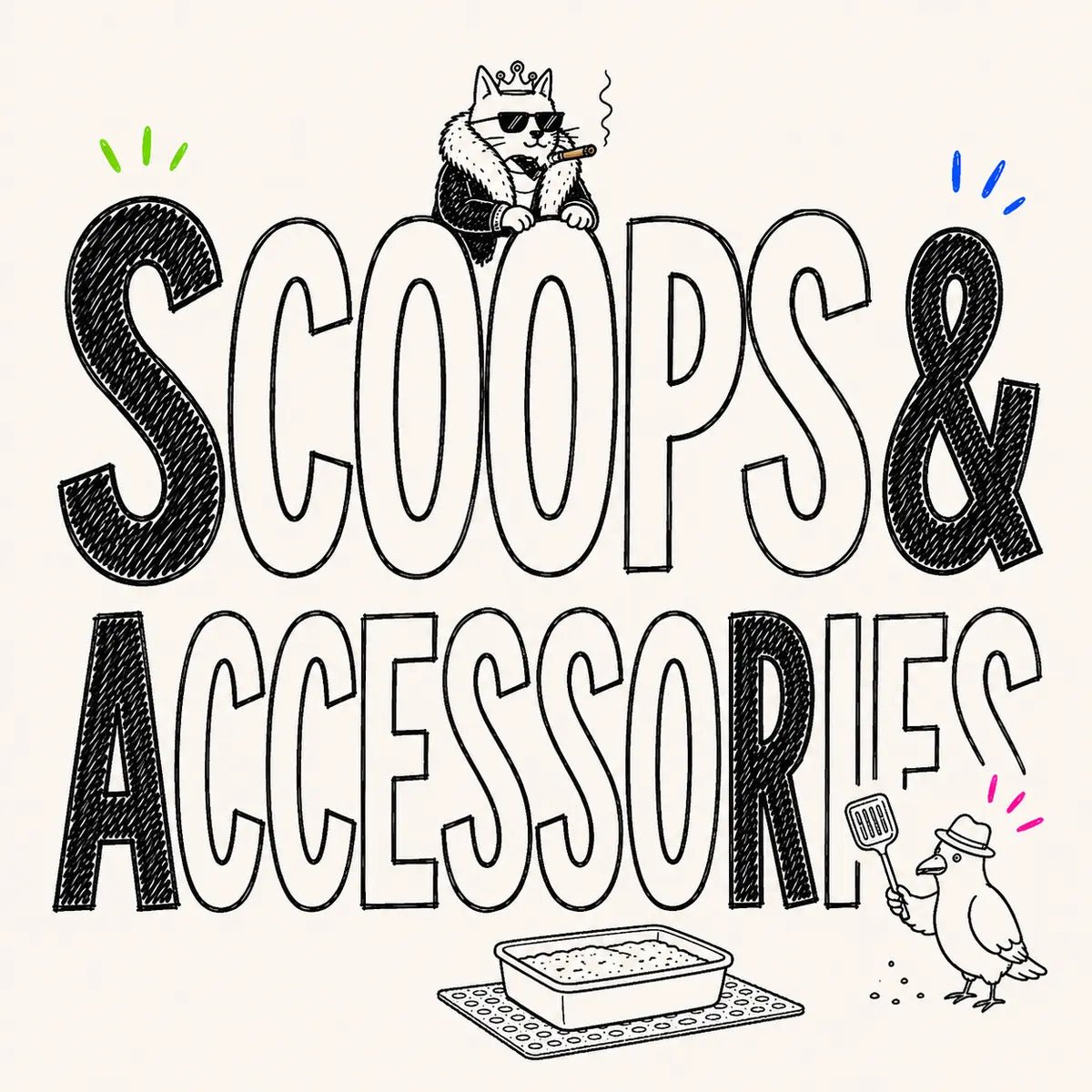 Hand-drawn Scoops & Accessories category card for The Apartment Cat