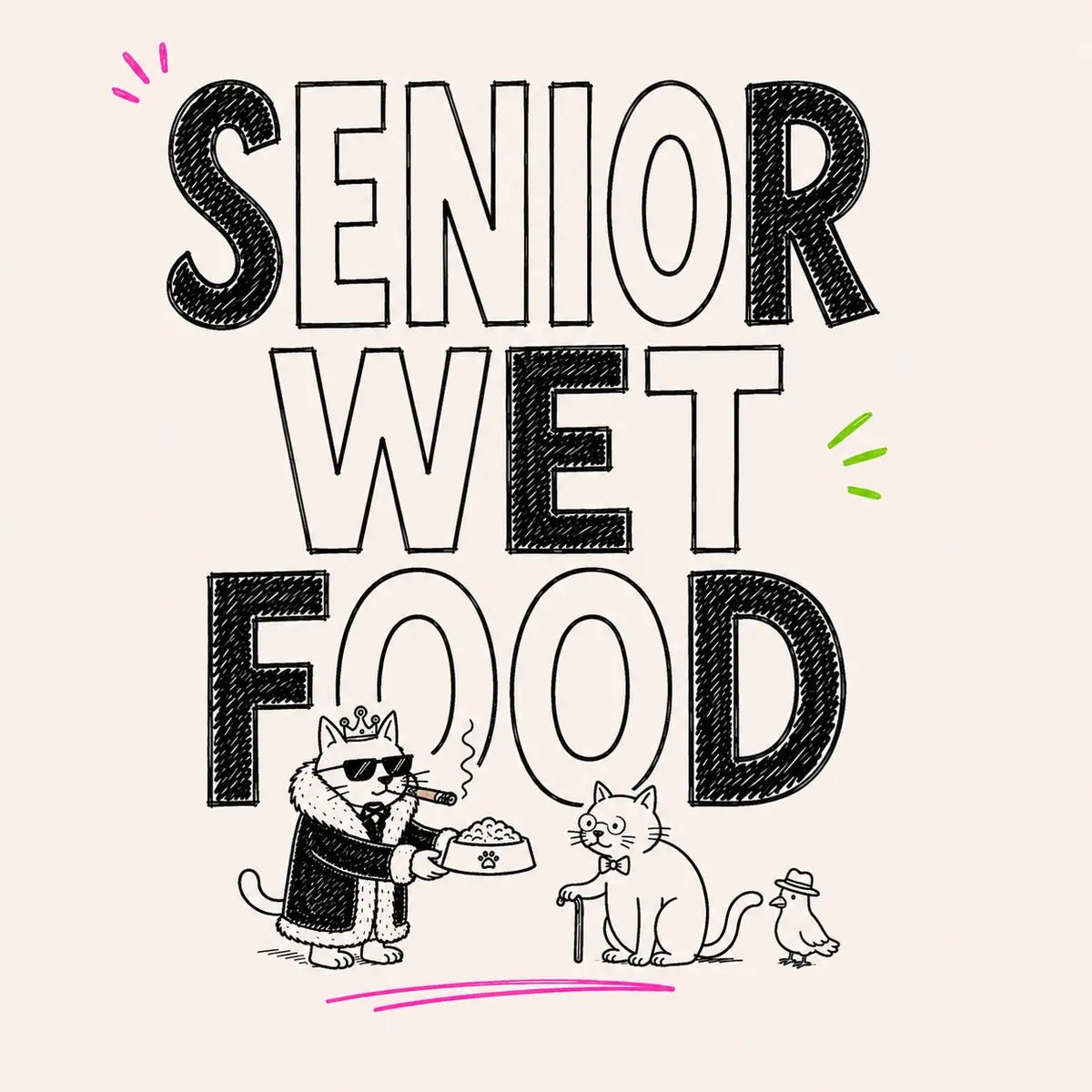 Hand-drawn Senior Wet Food category card with Tony