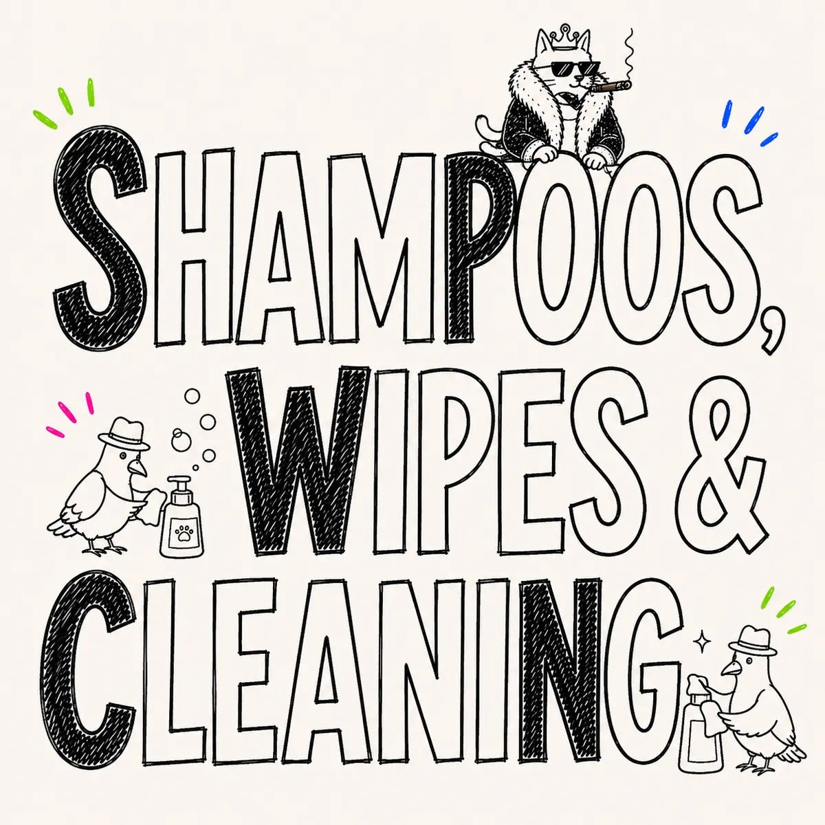 Hand-drawn Shampoos, Wipes & Cleaning category card for The Apartment Cat