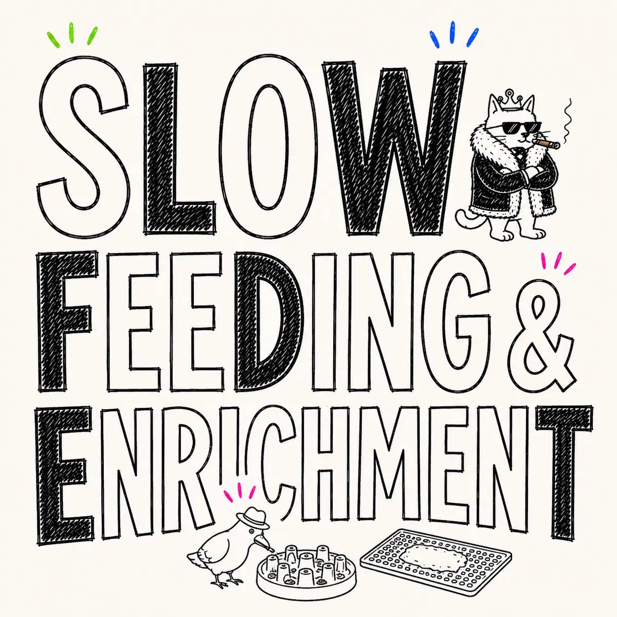 Hand-drawn Slow Feeding & Enrichment category card for The Apartment Cat
