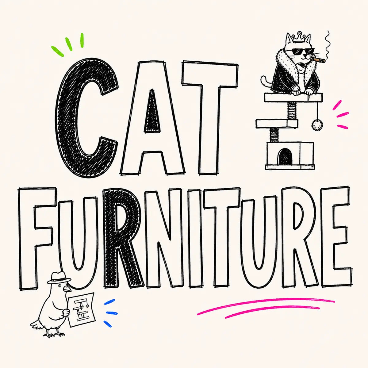 Hand-drawn Cat Furniture category card for The Apartment Cat