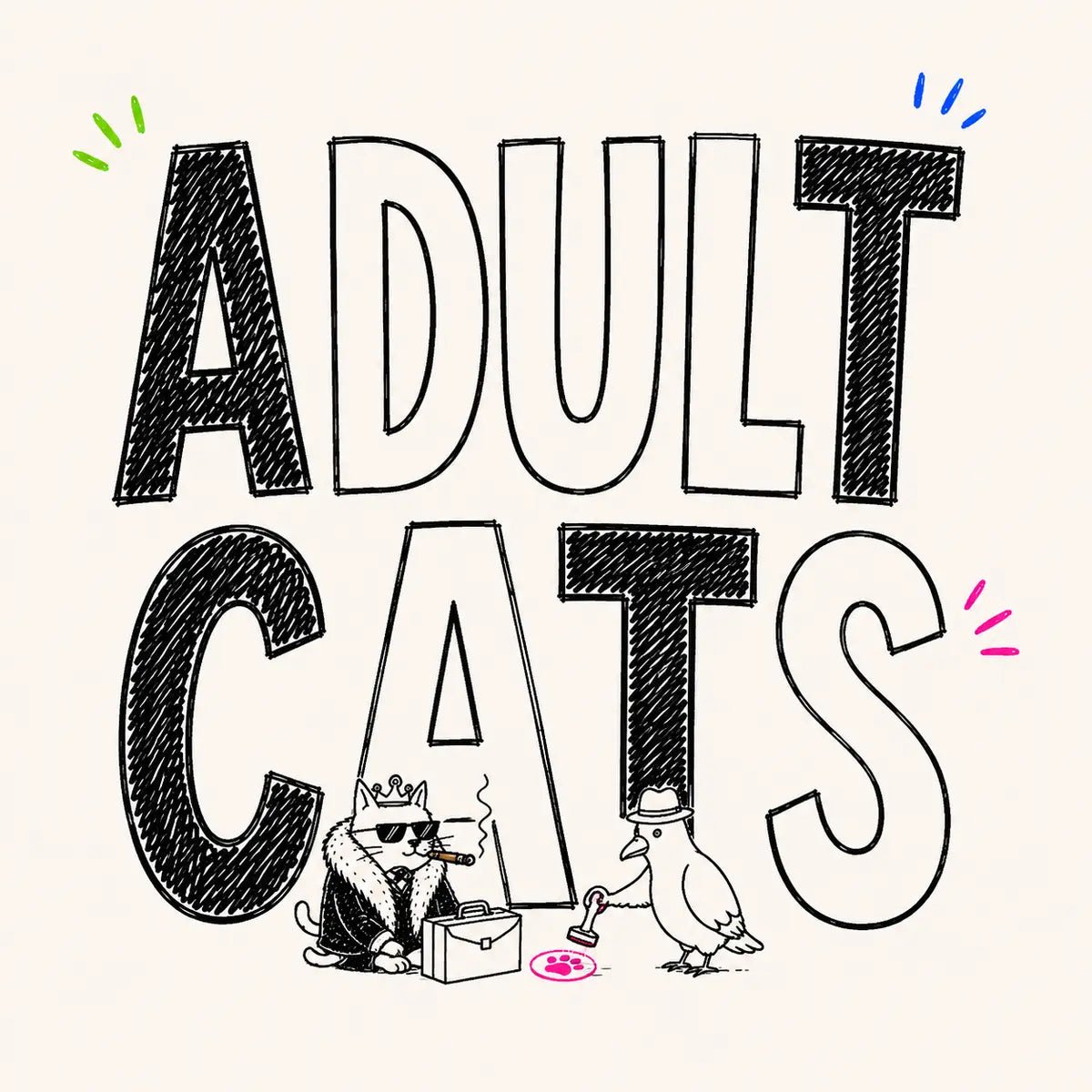 Hand-drawn Adult Cats category card for The Apartment Cat